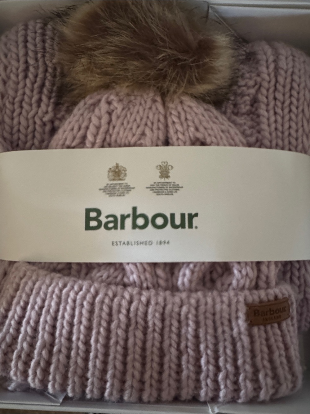 Barbour Lilac Rib Knit Beanie with Faux-Fur Pom and matching scarf